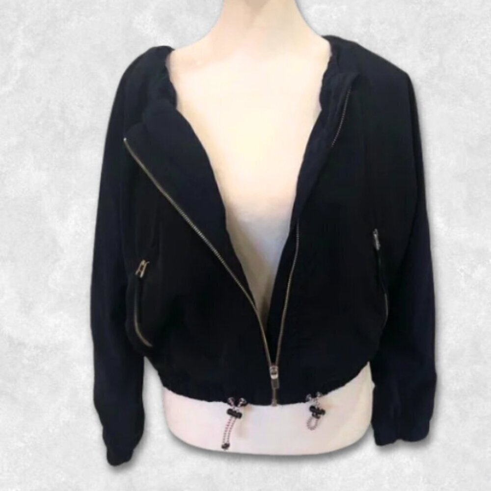 Athleta Chill Bomber Jacket Cropped Fully Lined Front Zip Drawstrings Navy Blue - Picture 3 of 15